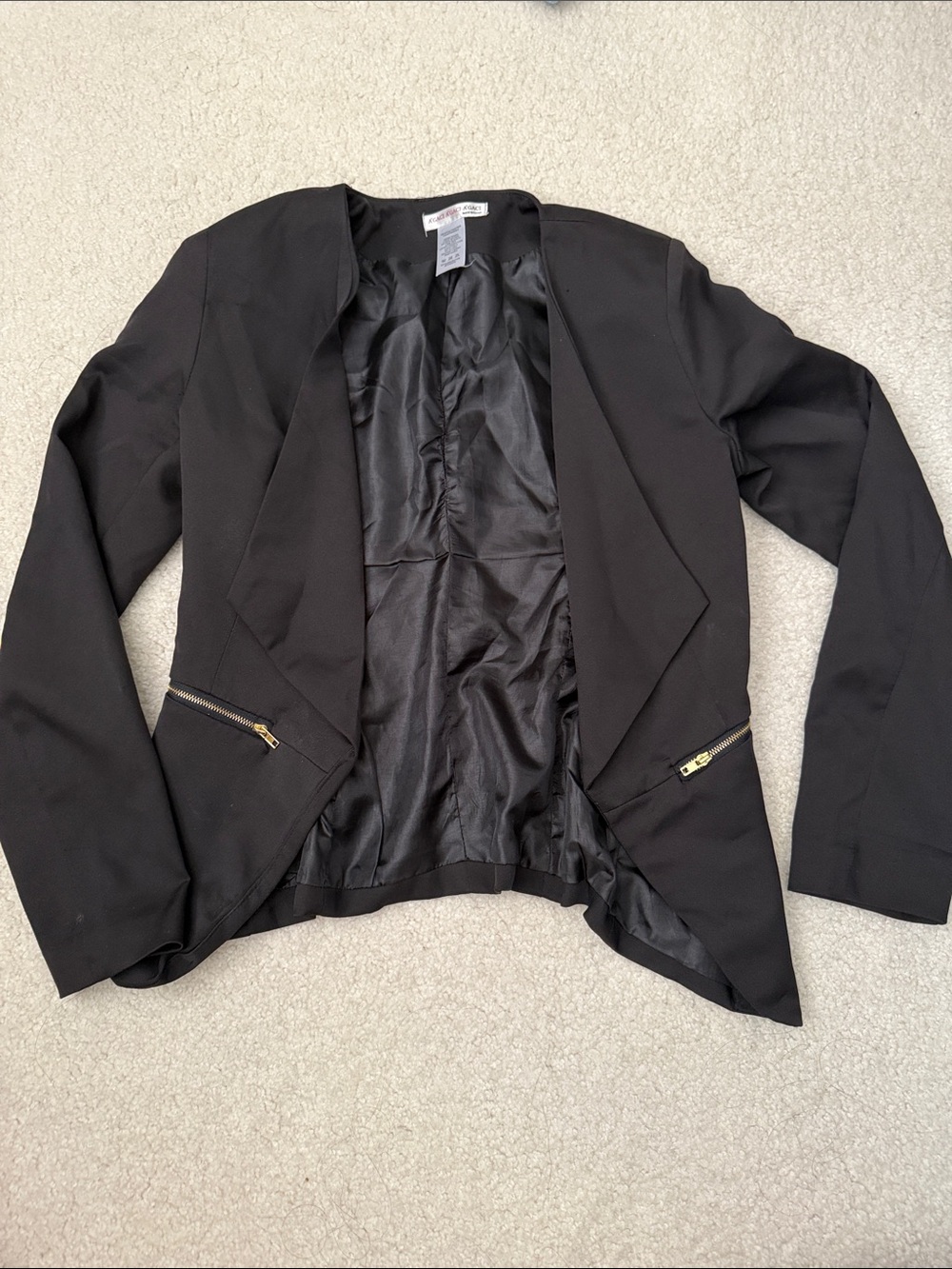 Black Open Front Blazer with Gold Zippers - Agaci